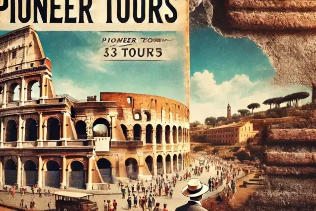 A vibrant daytime scene at the Colosseum in Rome, featuring a Pioneer Tours vintage travel poster on a rustic wall.