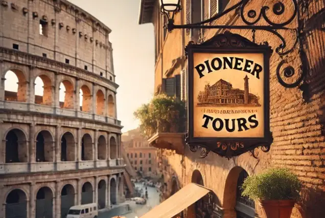 A warm and inviting street near the Colosseum, featuring a Pioneer Tours vintage café sign hanging from a historic brick building.